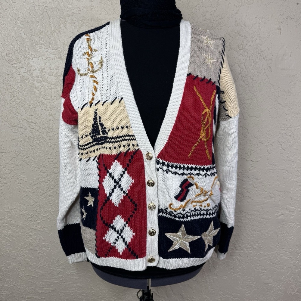 Vtg 90s Sz L Cardigan Novelty Sweater Coastal Preppy Sailor Fisherman‎ Old Money